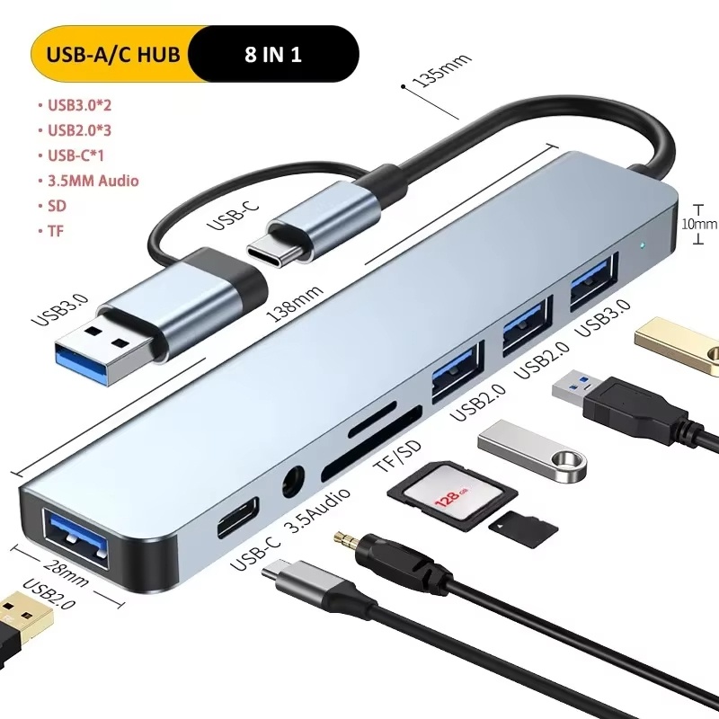 Splitter USB Hub Tipe C 8 In 1 - Audio Music Splitter ulasan dan harga
